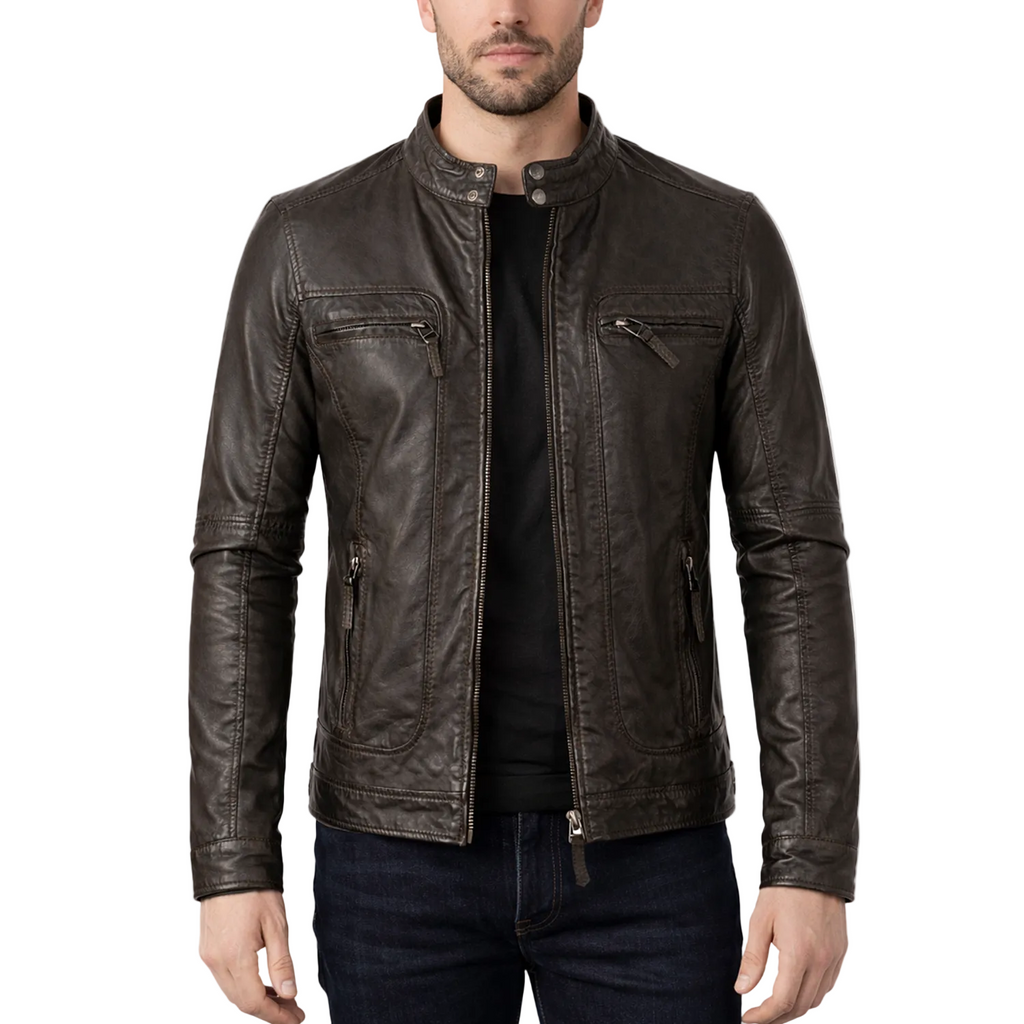 Brown leather jacket worn by a person on a white background