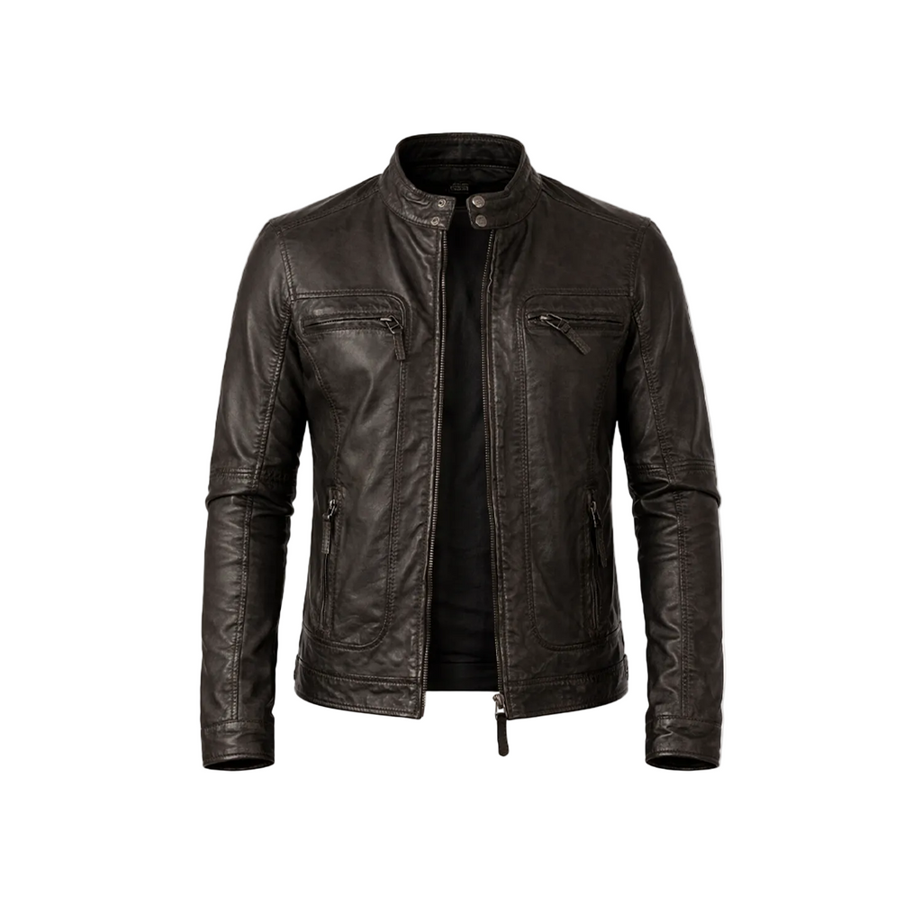 Black leather jacket on a white background with a brand logo.