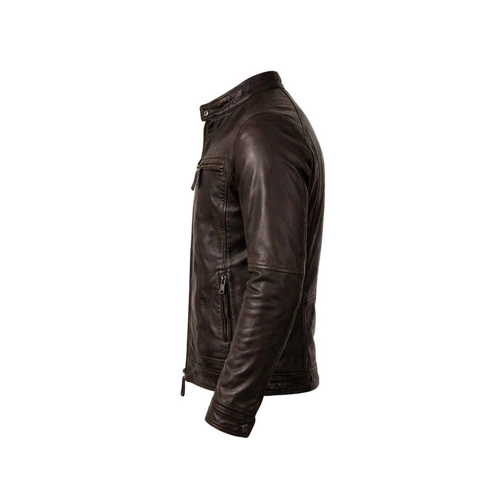 Brown leather jacket on a white background with a brand logo.