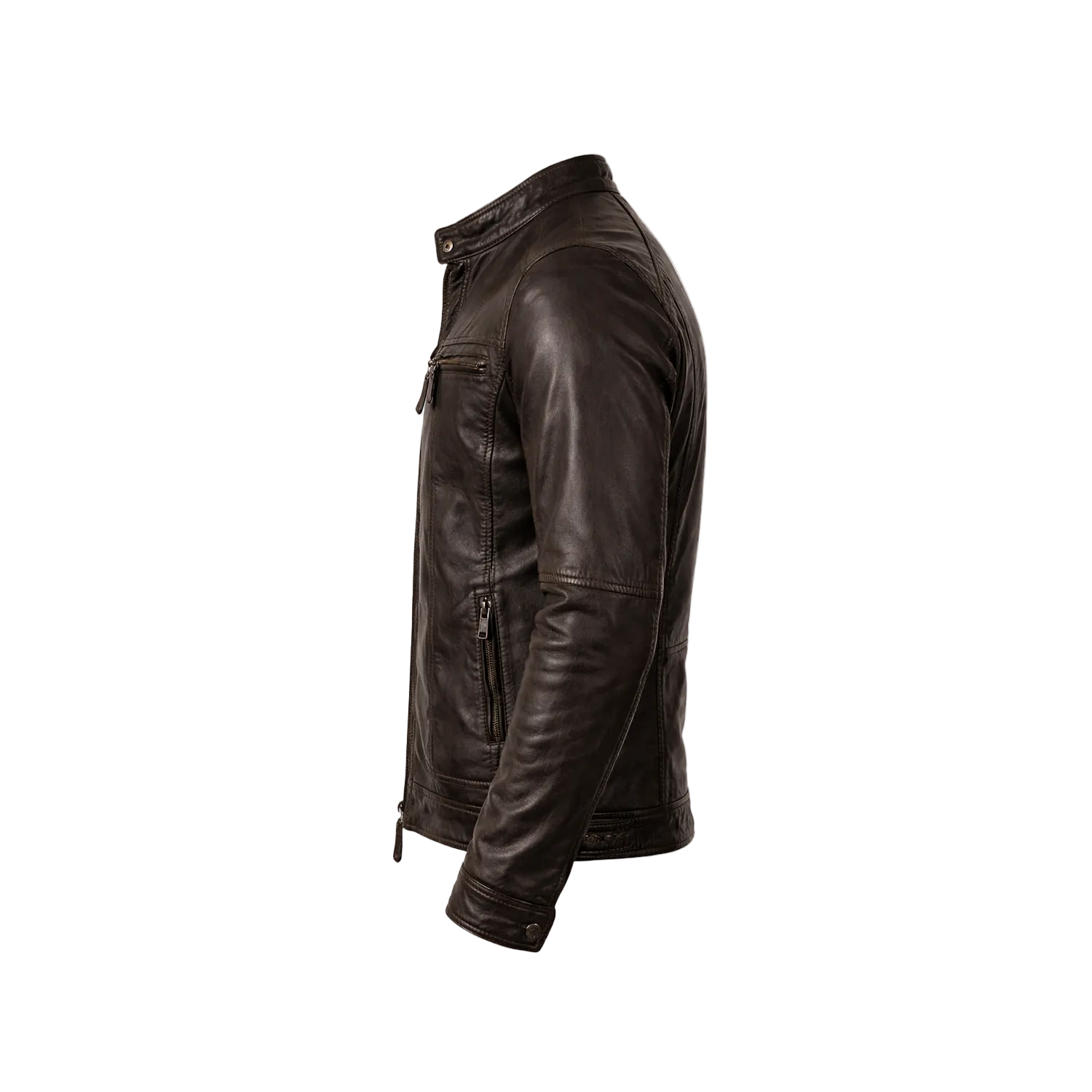 Brown leather jacket on a white background with a brand logo.