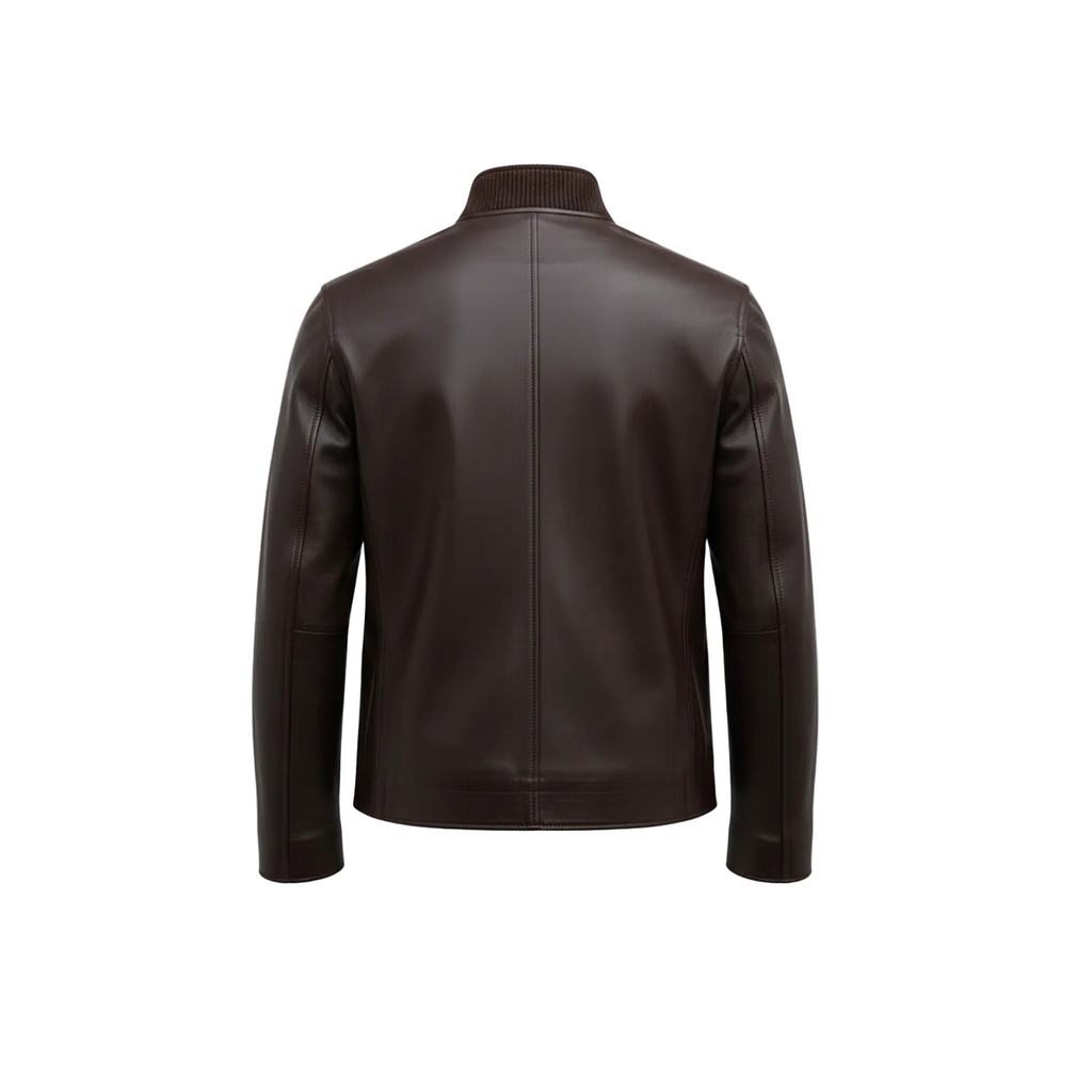 Brown leather jacket on a white background with a brand logo.