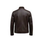 Brown leather jacket on a white background with a brand logo.