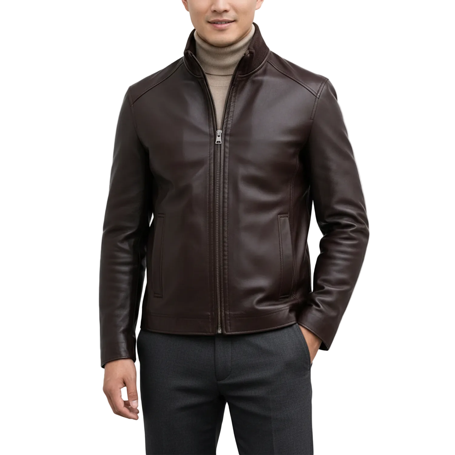 Man wearing a brown leather jacket on a white background