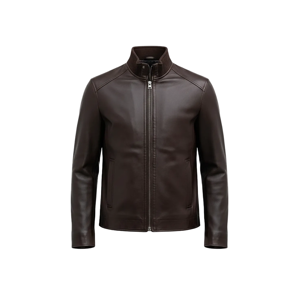 Brown leather jacket on a white background with a brand logo.
