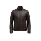 Brown leather jacket on a white background with a brand logo.