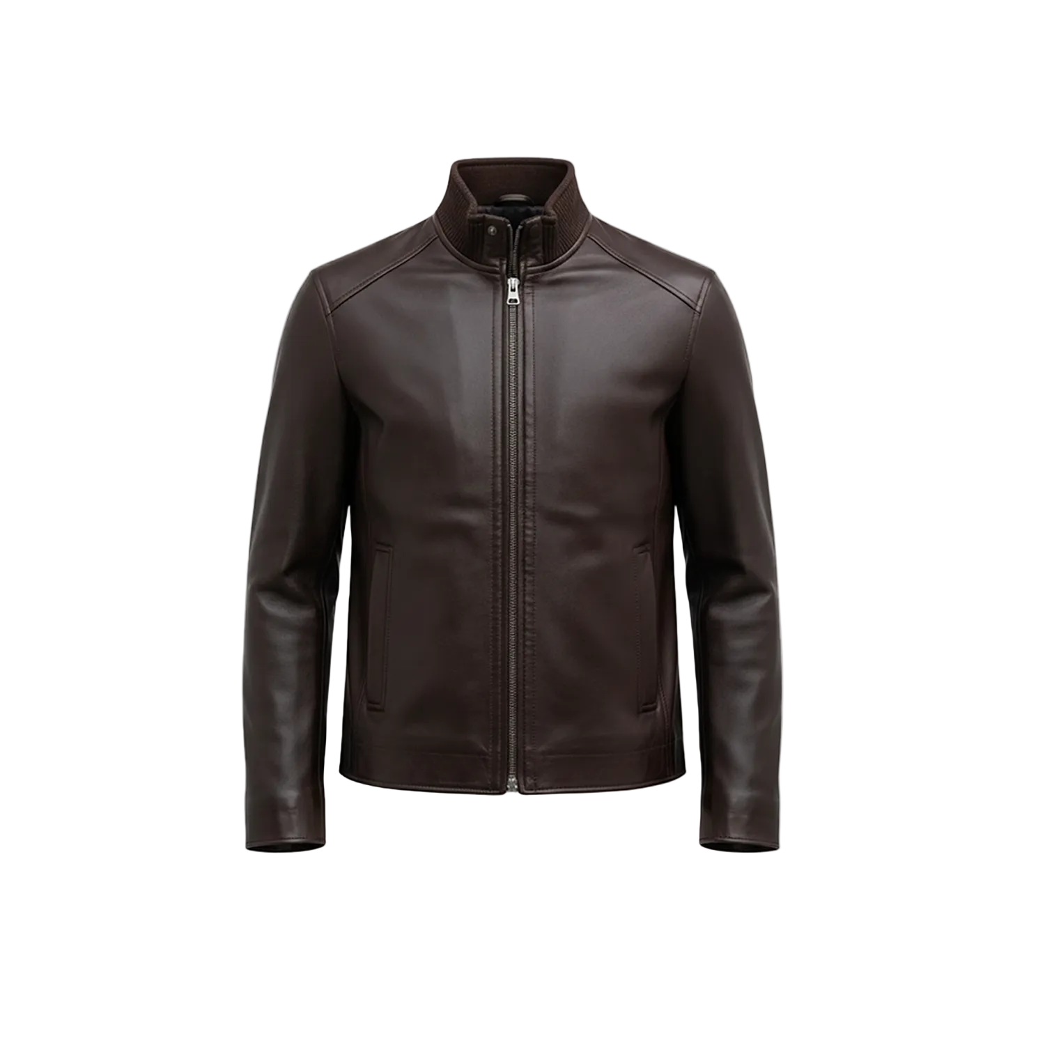 Brown leather jacket on a white background with a brand logo.