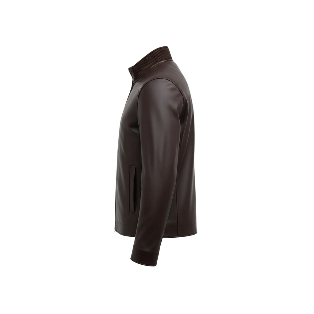 Dark brown jacket on a white background with a brand logo in the corner.