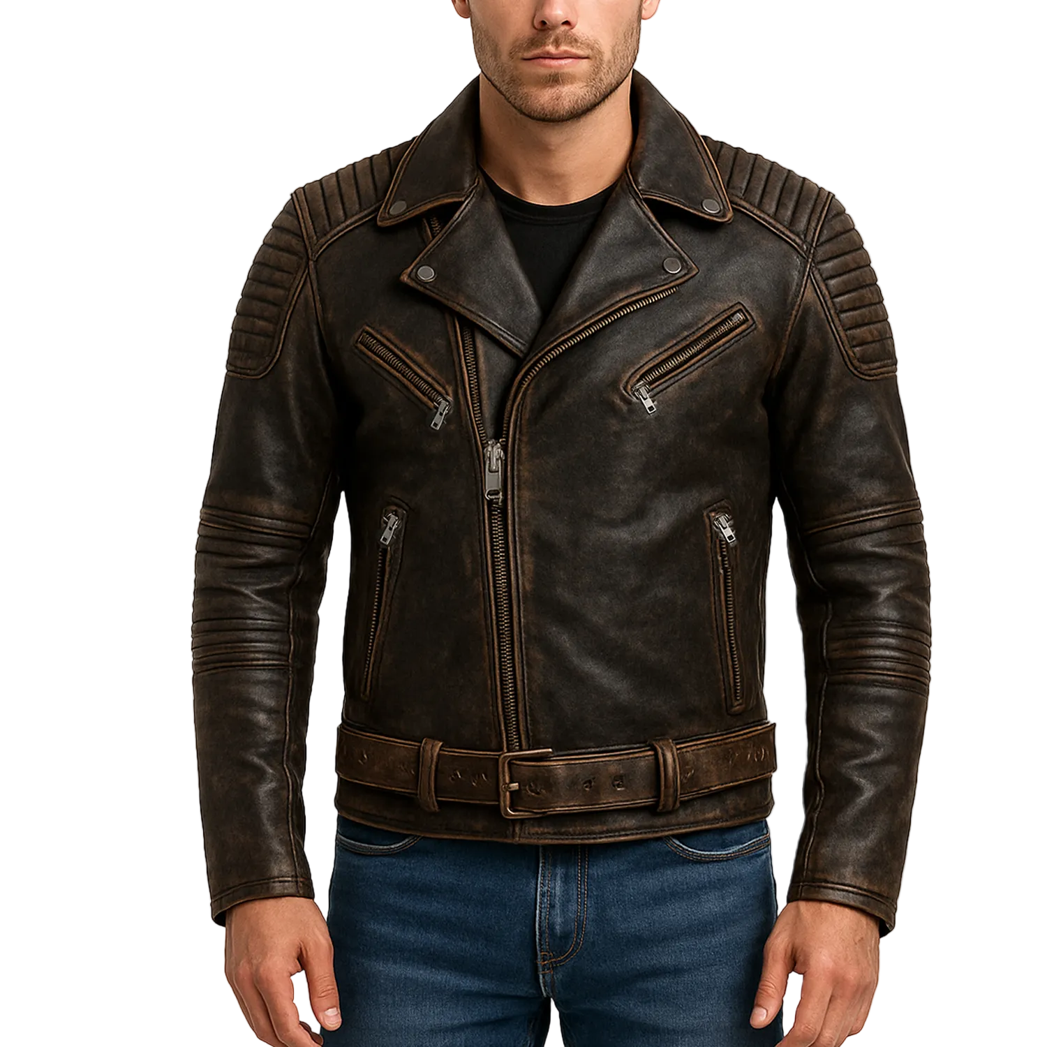 Men’s Vintage Distressed Black Leather Biker Jacket