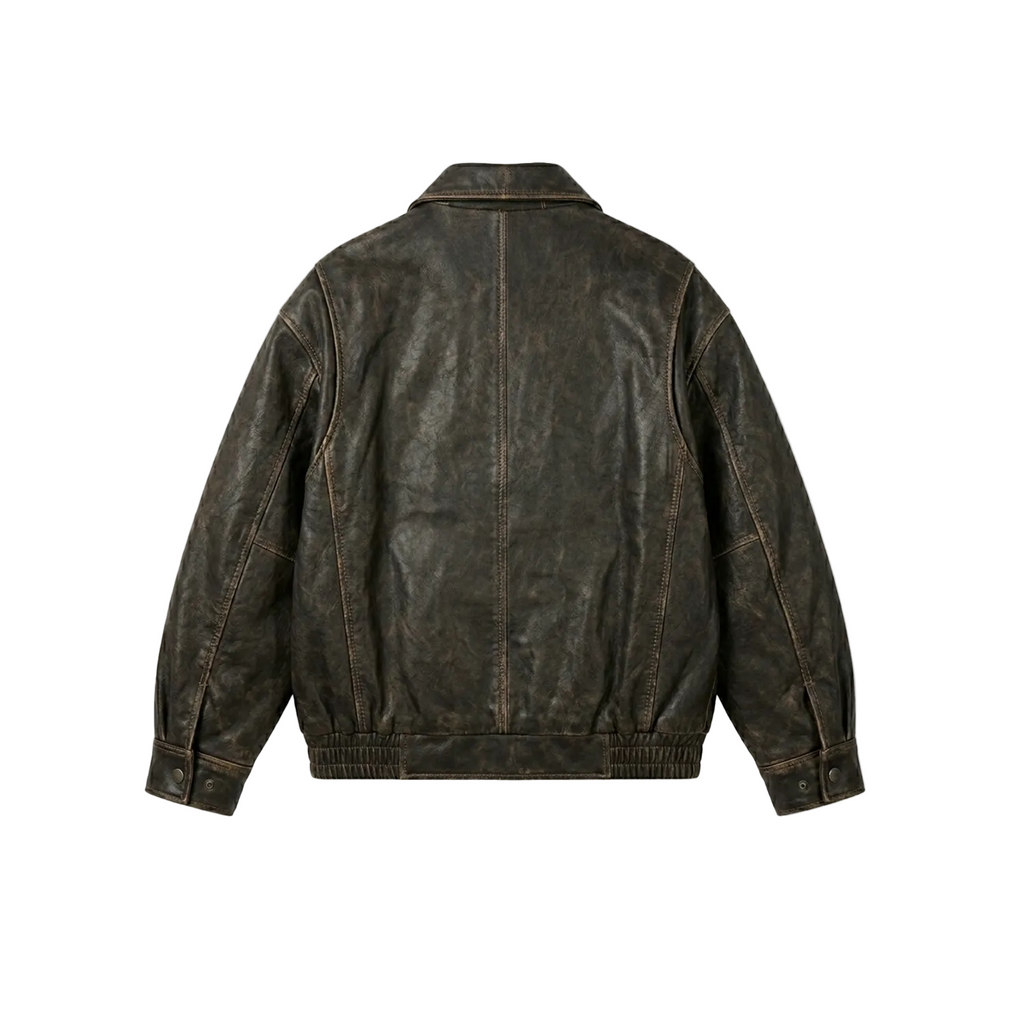 Brown leather jacket on a white background with a brand logo in the corner.
