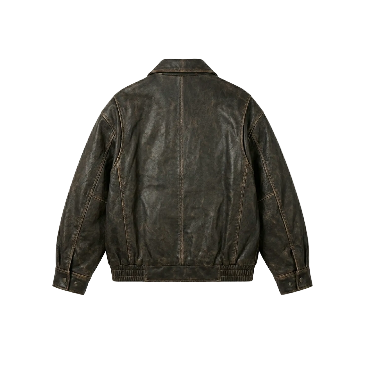 Brown leather jacket on a white background with a brand logo in the corner.