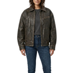 Person wearing a brown leather jacket and blue jeans on a white background
