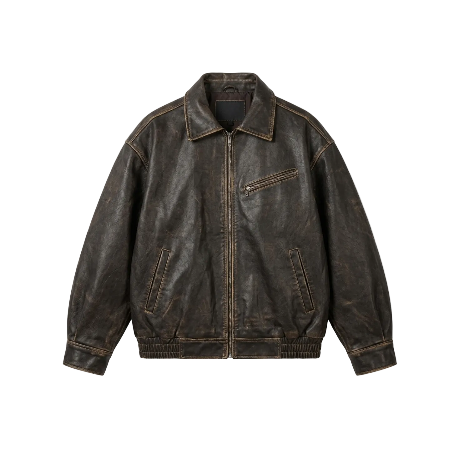 Brown leather jacket on a white background with a brand logo.