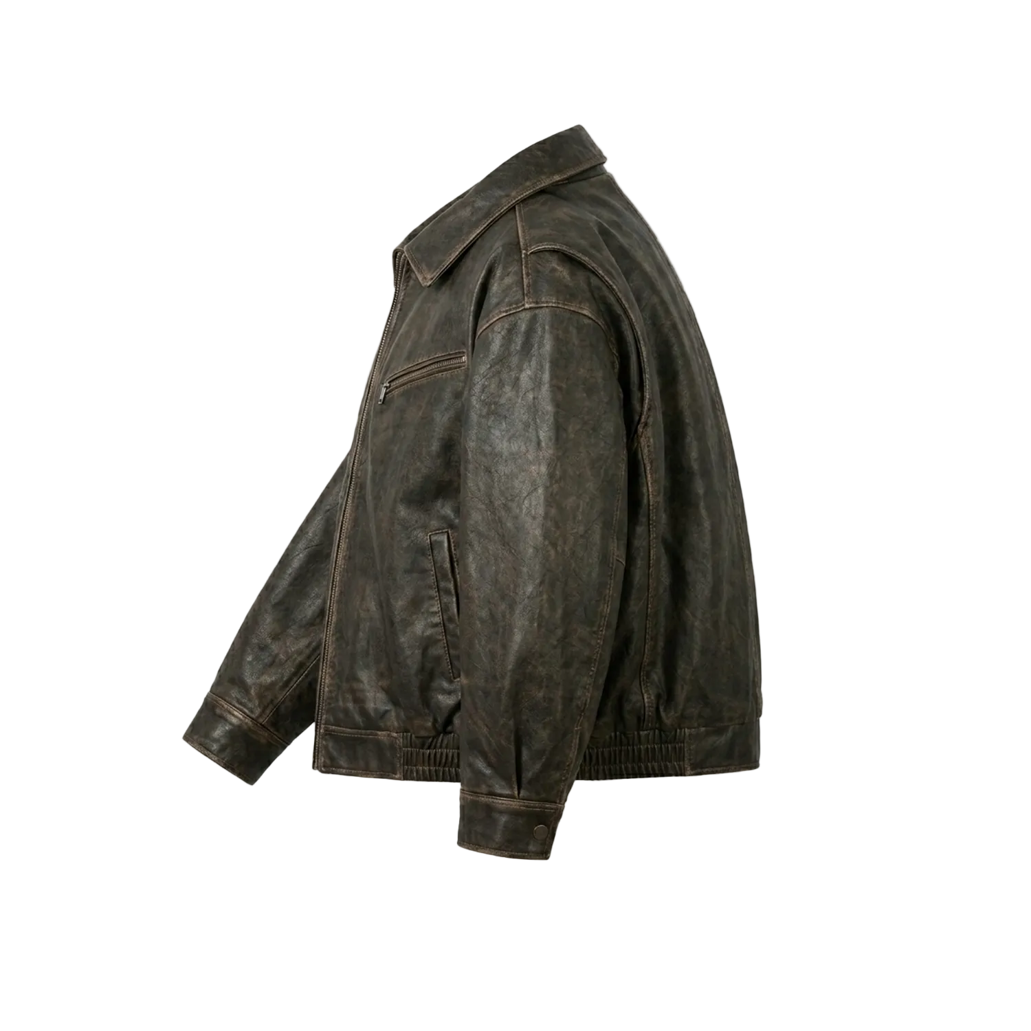 Brown leather jacket on a white background with a brand logo.
