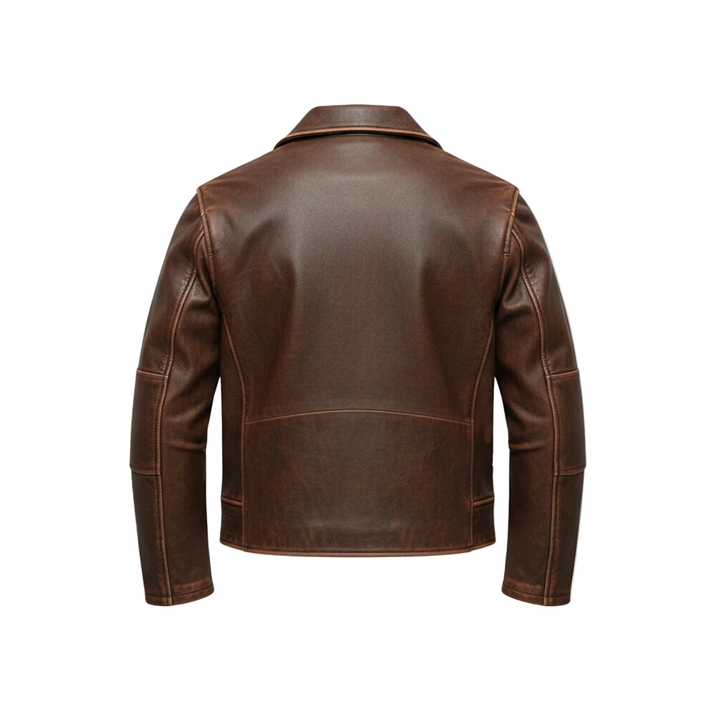 Brown leather jacket on a white background with a brand logo.
