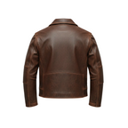 Brown leather jacket on a white background with a brand logo.