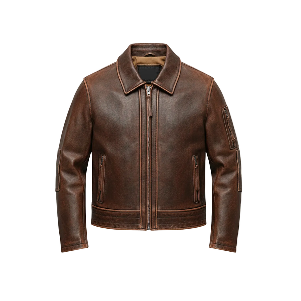 Brown leather jacket on a white background with a brand logo.