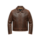 Brown leather jacket on a white background with a brand logo.