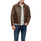 Man wearing a brown leather jacket and blue jeans on a white background
