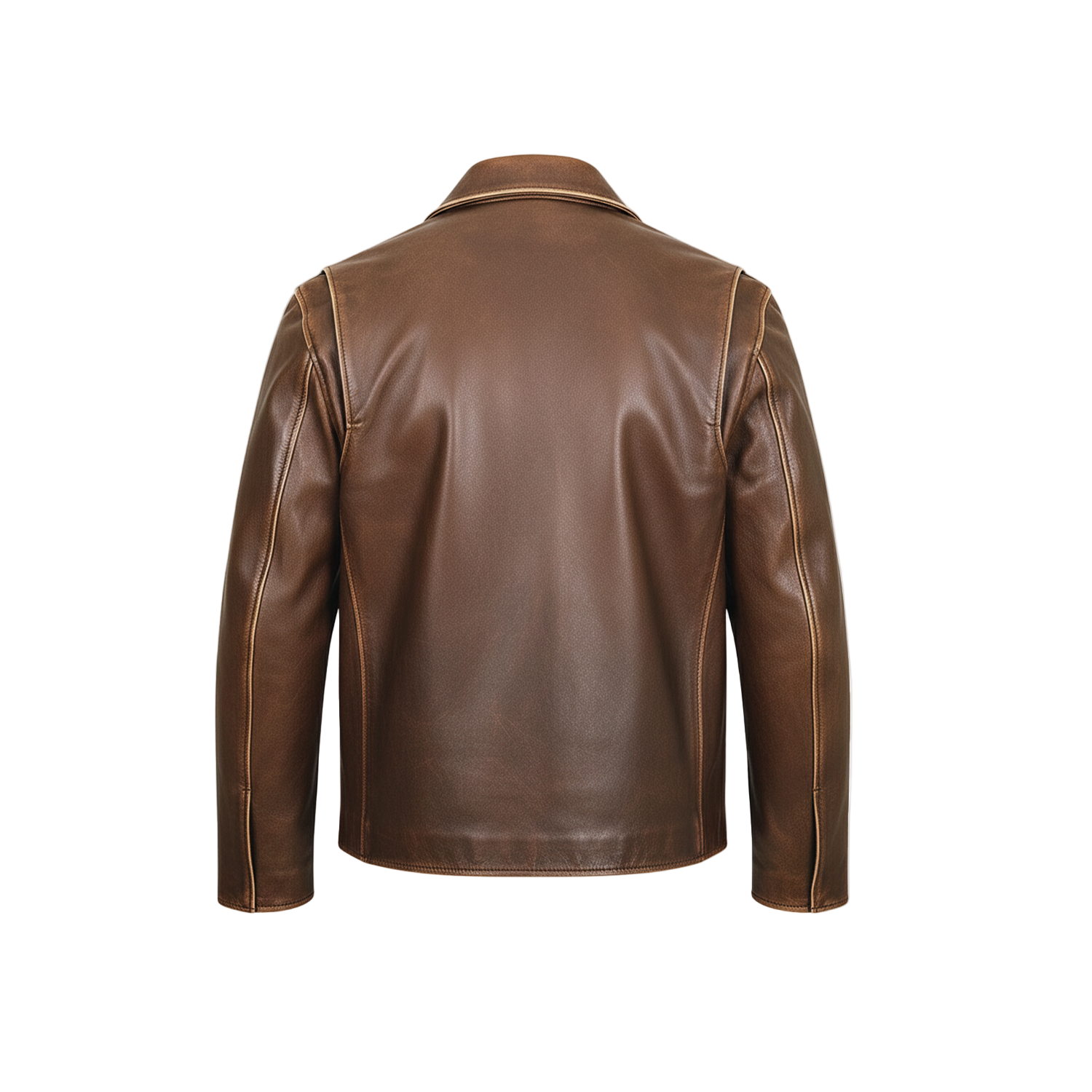 Brown leather jacket on a white background with a brand logo.
