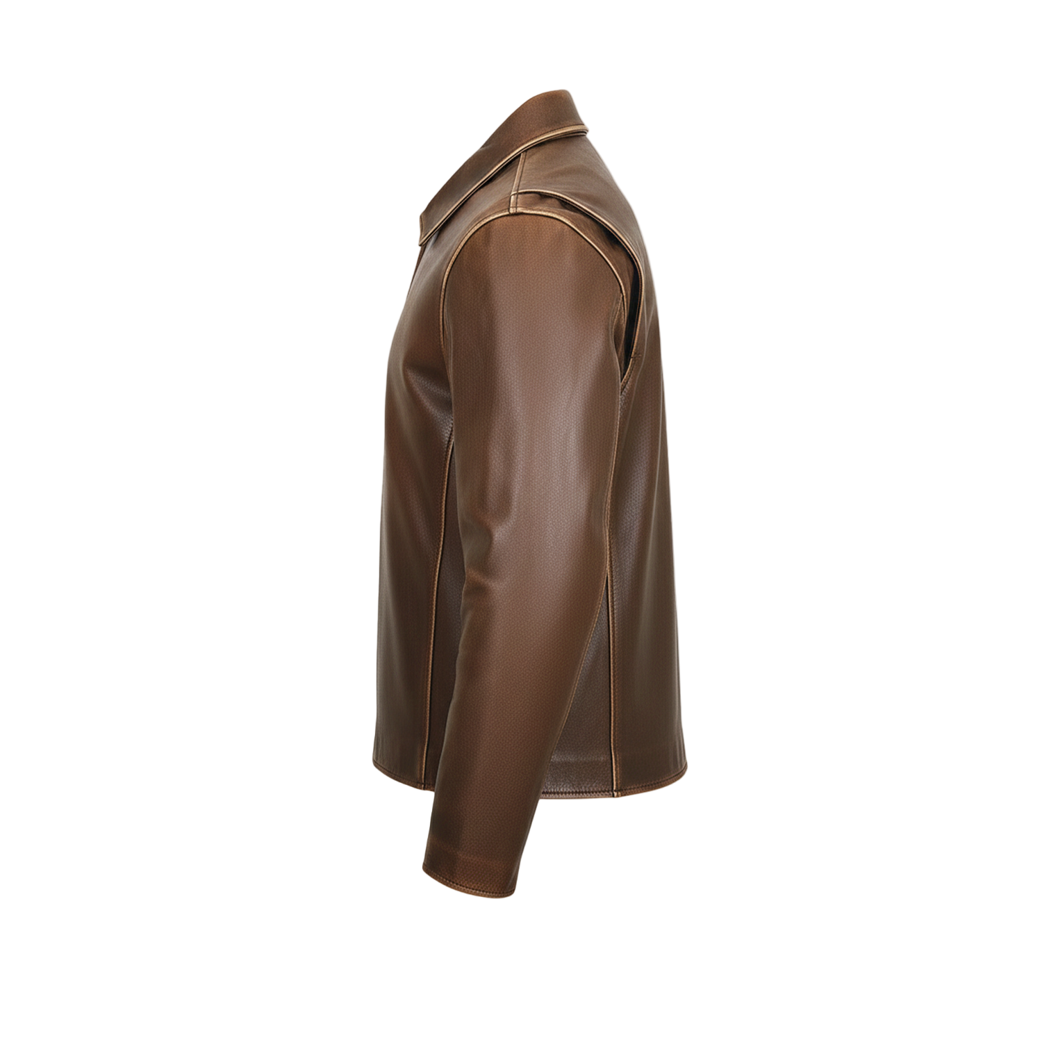 Brown leather jacket on a white background with a brand logo.