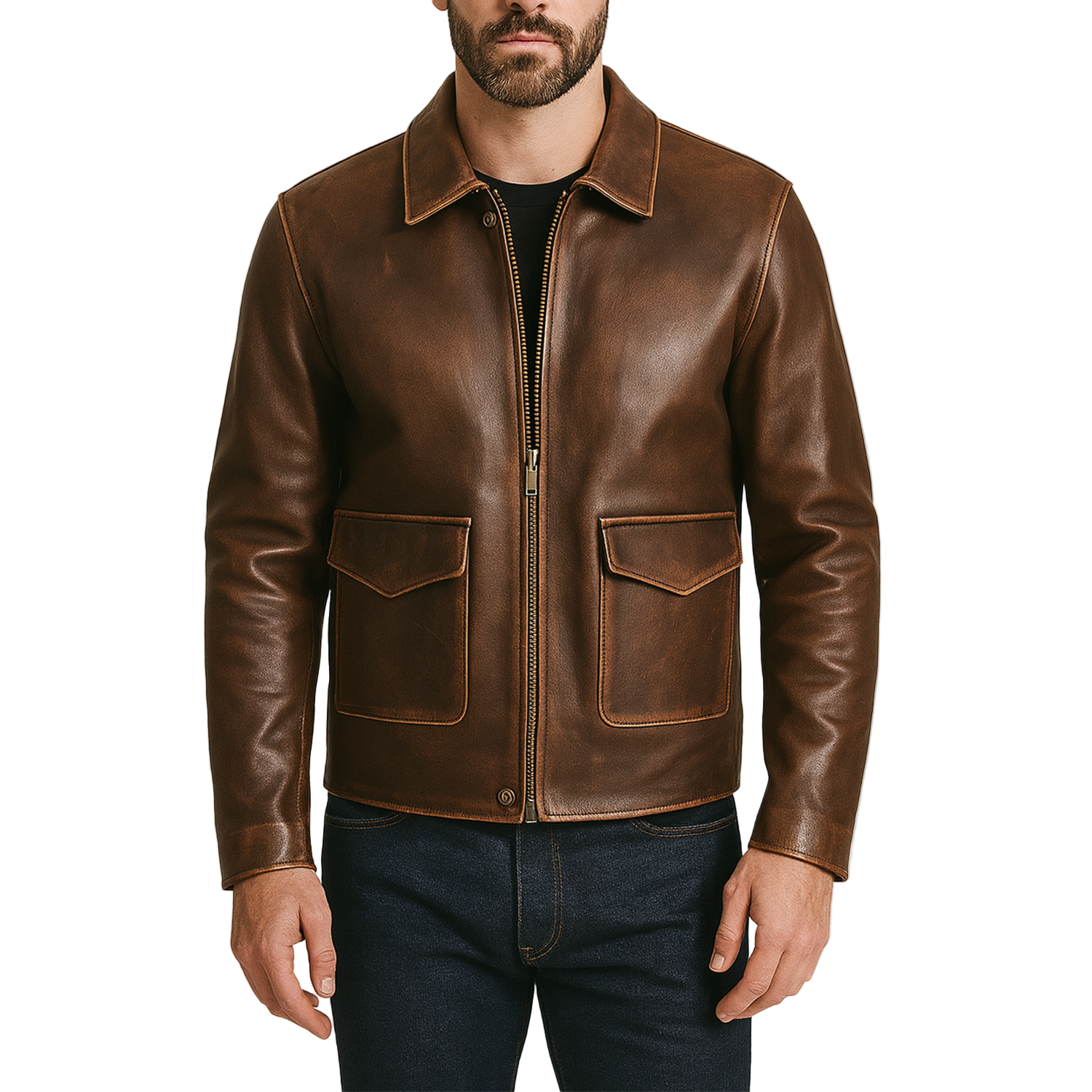 Brown leather jacket worn by a person on a white background