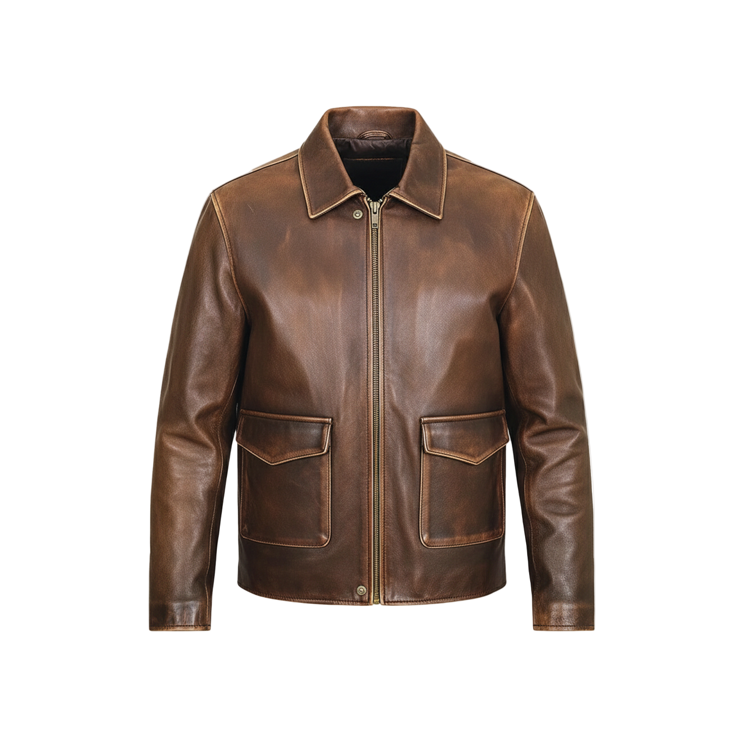 Brown leather jacket on a white background with a brand logo.