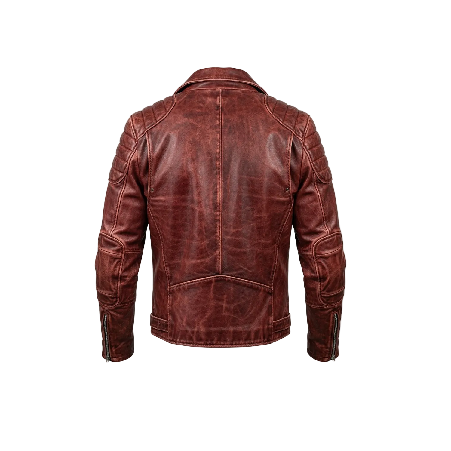 Brown leather jacket on a white background with a brand logo.