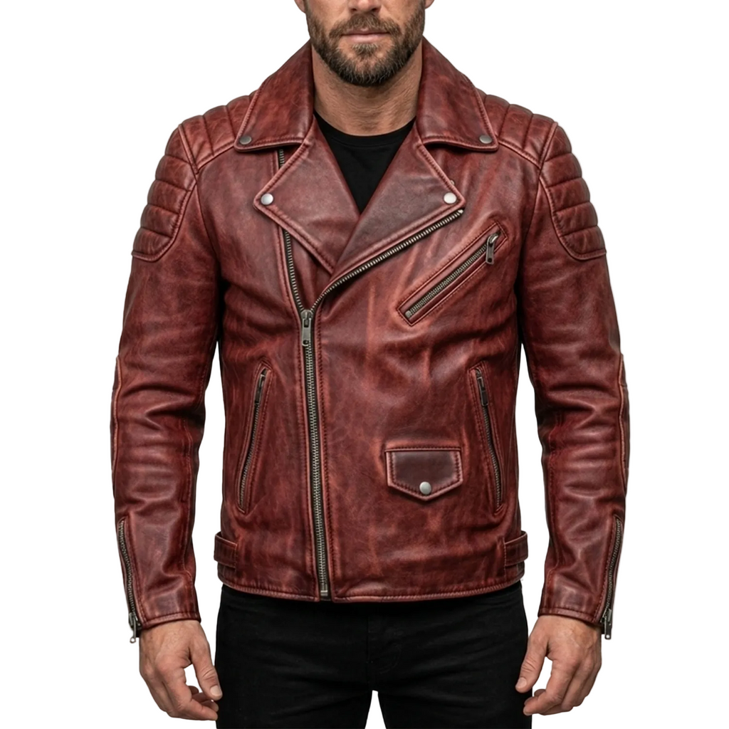 Brown leather jacket worn by a person on a white background