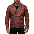 Brown leather jacket worn by a person on a white background