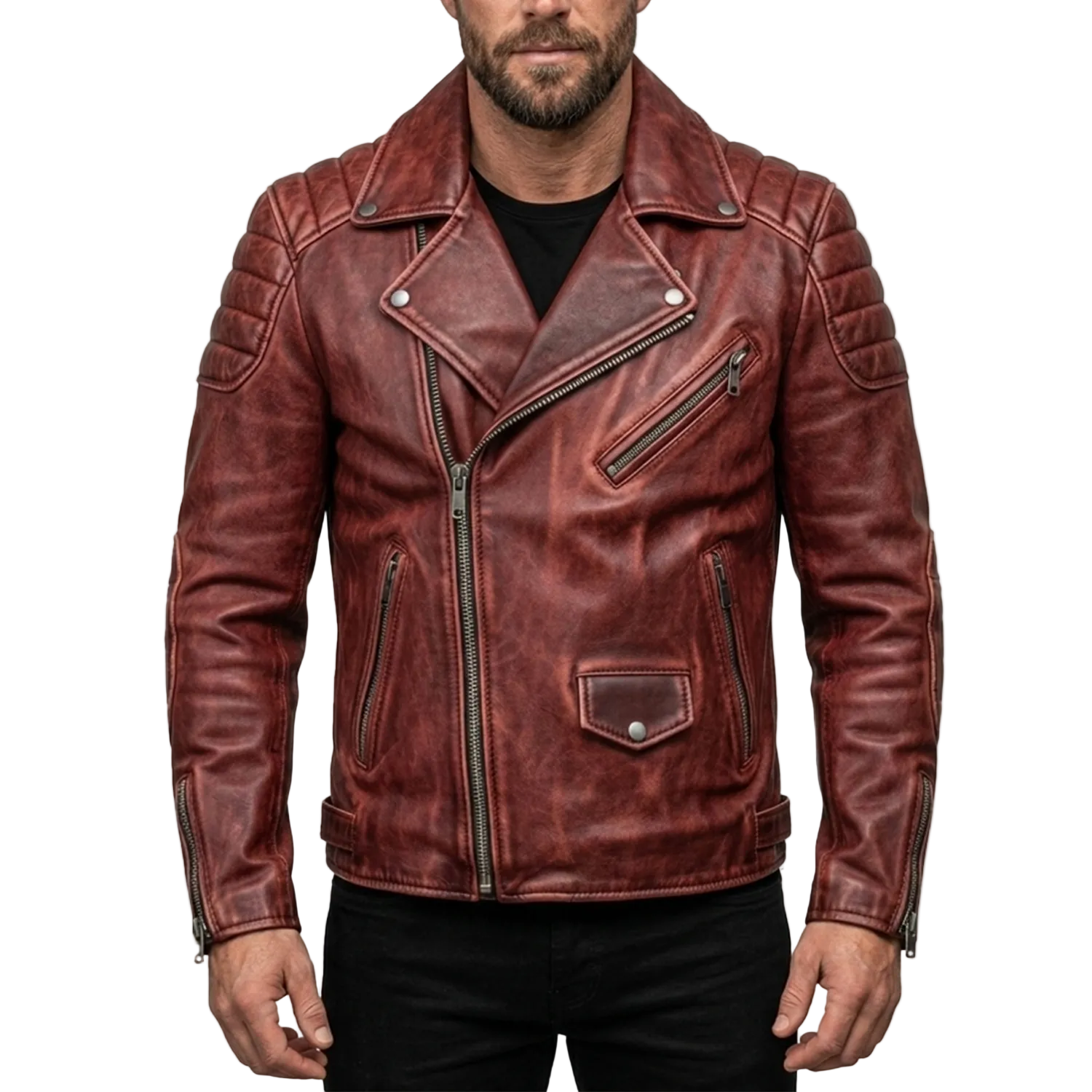 Brown leather jacket worn by a person on a white background
