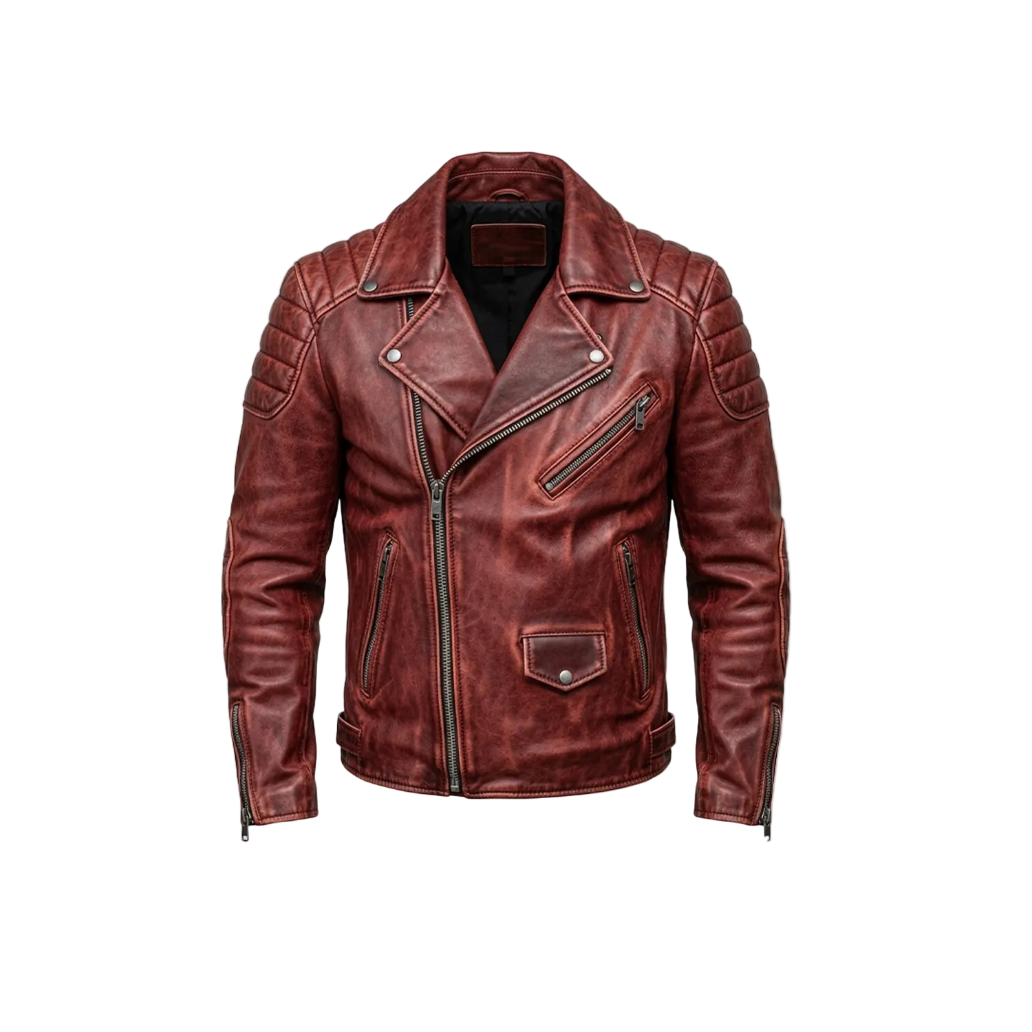 Brown leather jacket on a white background with a brand logo.
