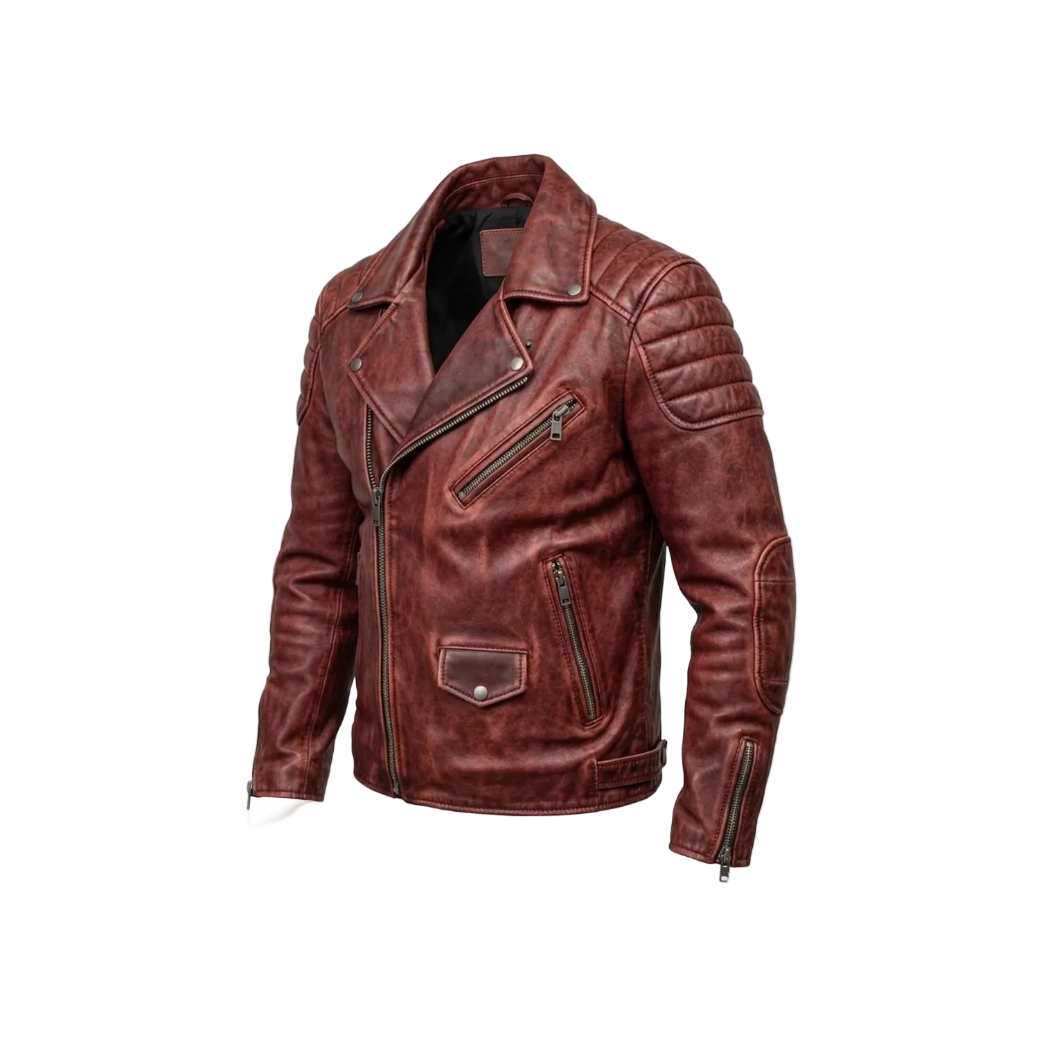 Brown leather jacket on a white background with a brand logo.
