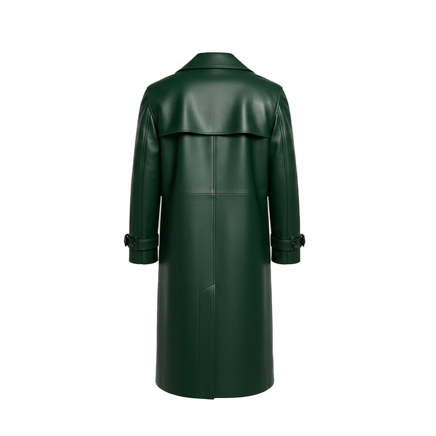 Green leather coat on a white background with a brand logo.