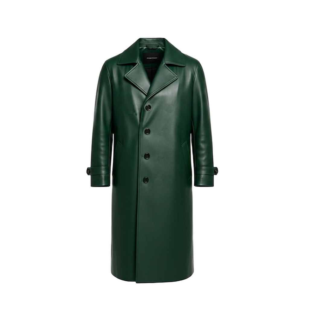 Green leather coat on a white background with a brand logo.