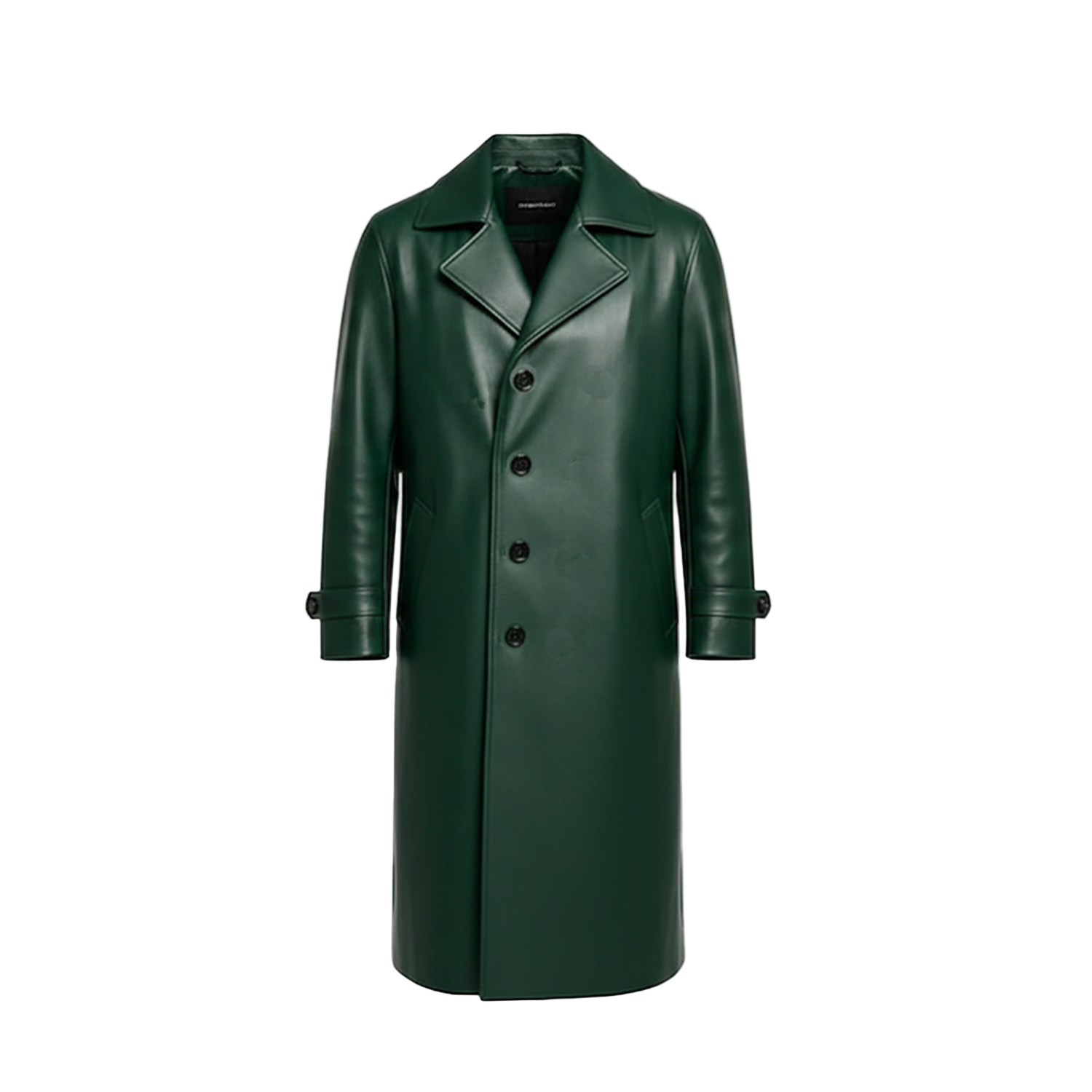 Green leather coat on a white background with a brand logo.