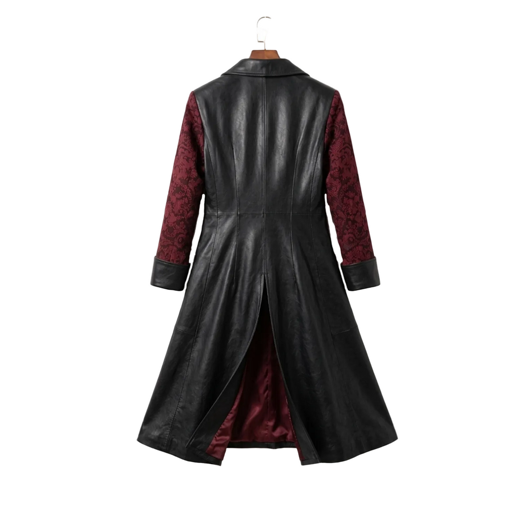 Black leather coat with red interior on a hanger against a white background