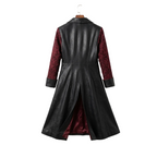 Black leather coat with red interior on a hanger against a white background
