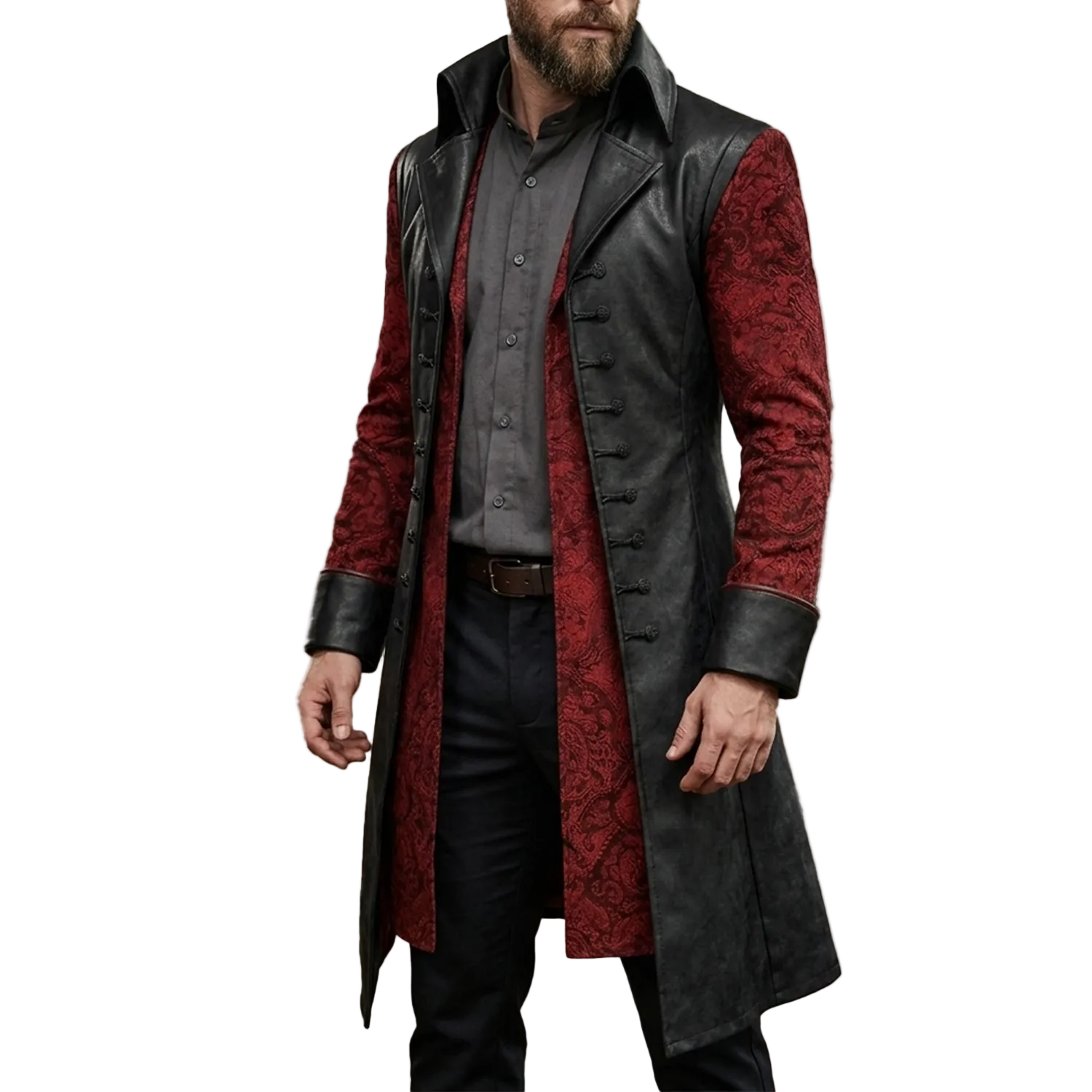 Man wearing a long red and black coat with a white background
