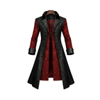 Long black coat with red patterned sleeves on a white background