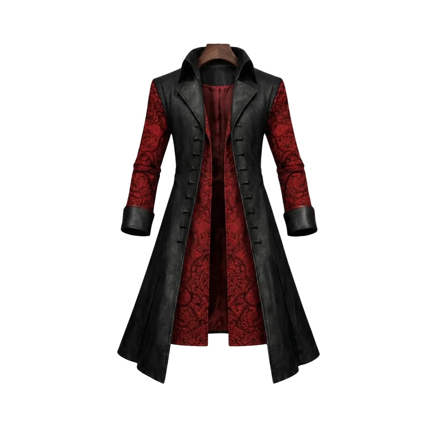 Long black coat with red patterned sleeves on a white background