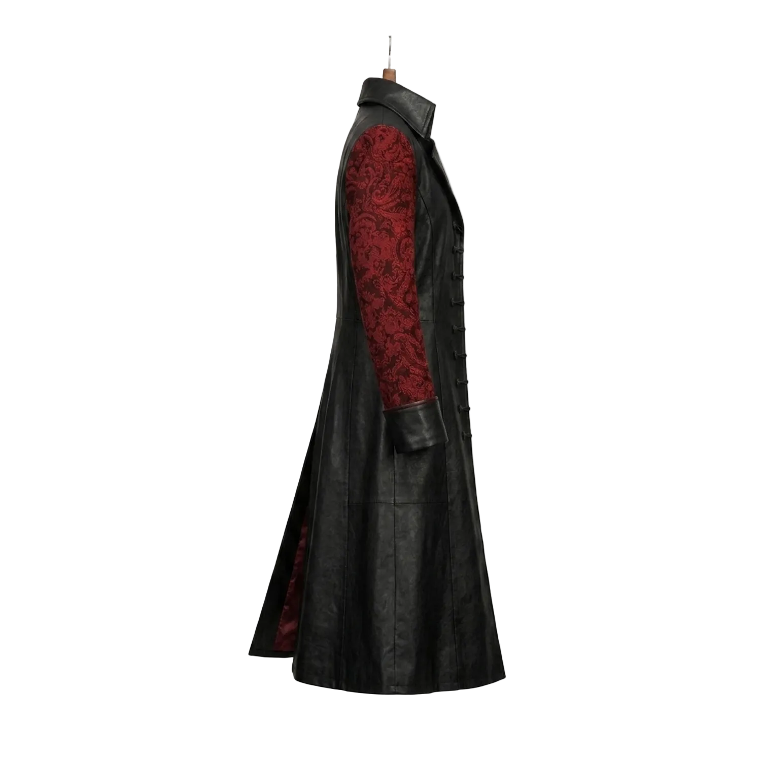 Black leather coat with red interior on a mannequin against a white background