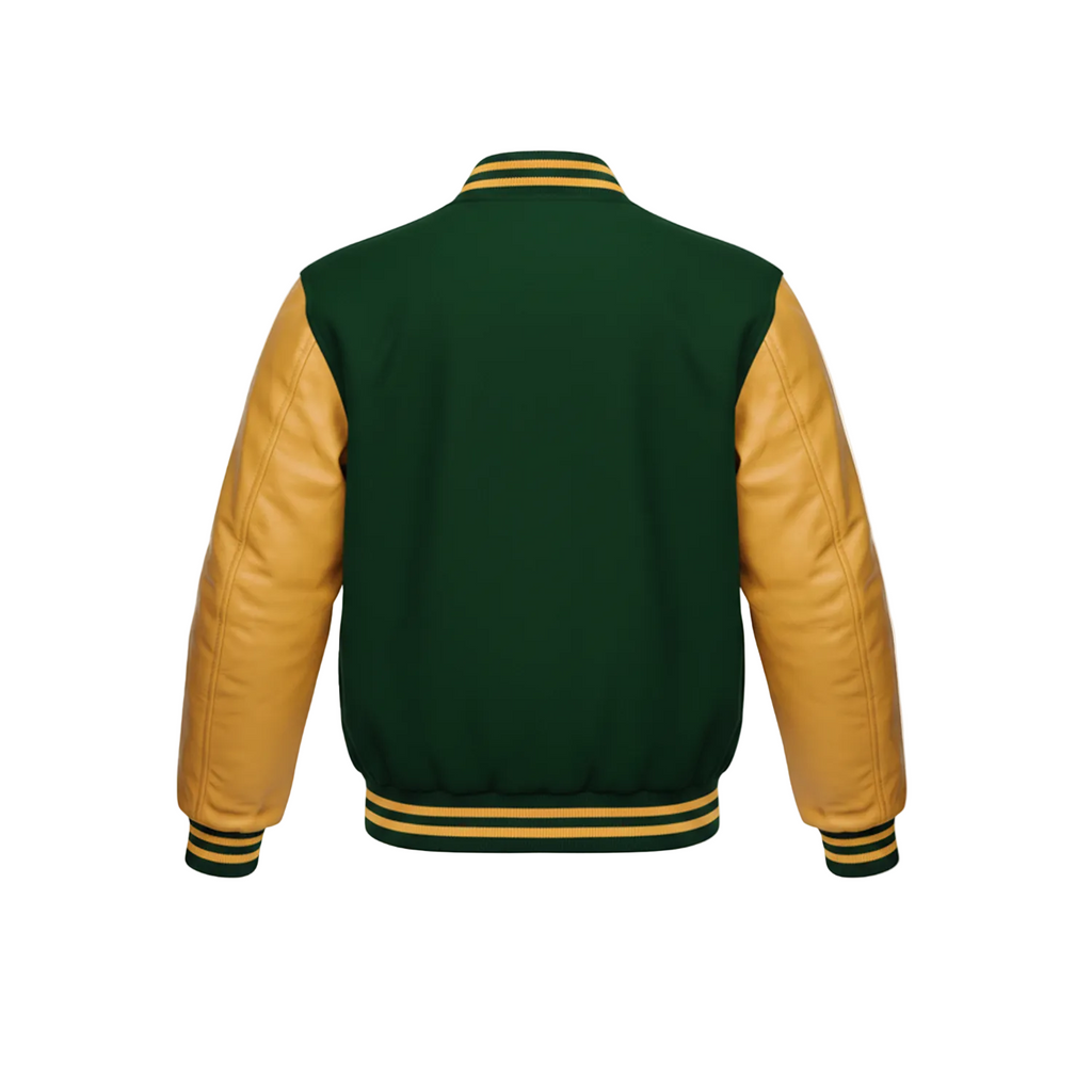 Green and yellow varsity jacket on a white background with a brand logo.