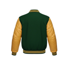 Green and yellow varsity jacket on a white background with a brand logo.