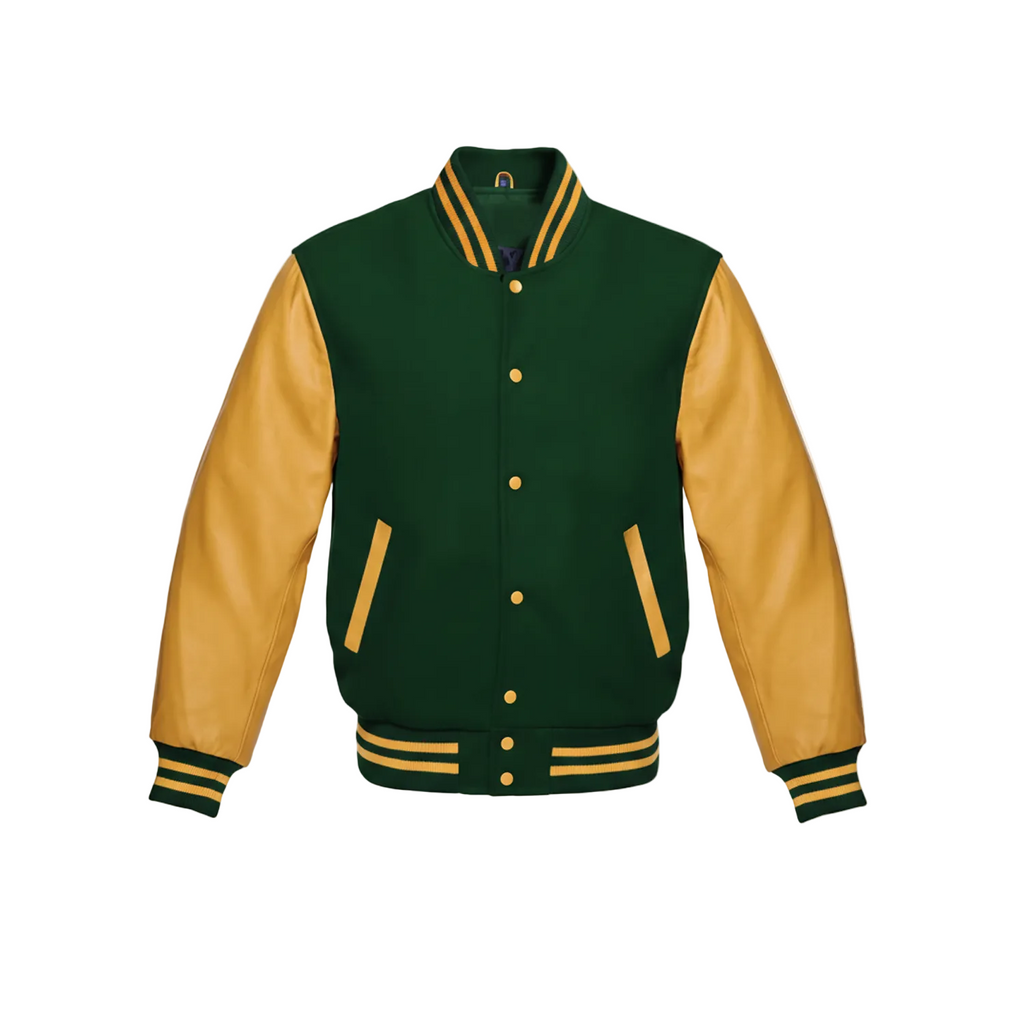 Green and yellow varsity jacket on a white background with a brand logo.