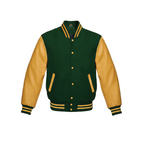 Green and yellow varsity jacket on a white background with a brand logo.