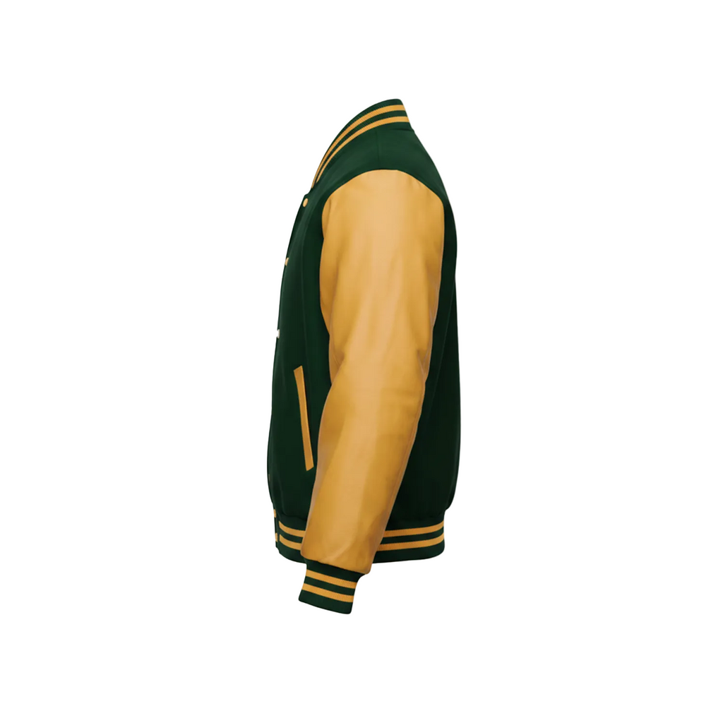 Green and yellow varsity jacket on a white background with a brand logo.