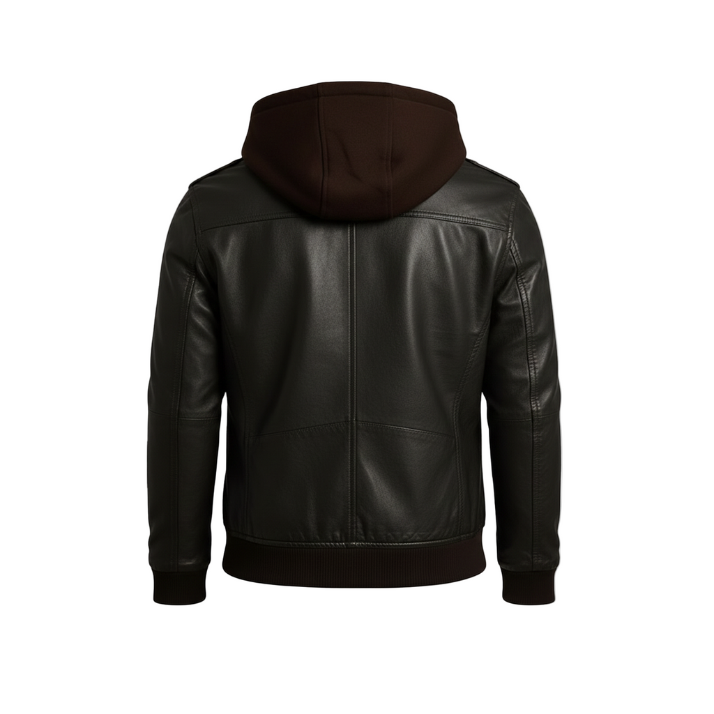 Black leather jacket with a hood on a white background