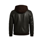 Black leather jacket with a hood on a white background