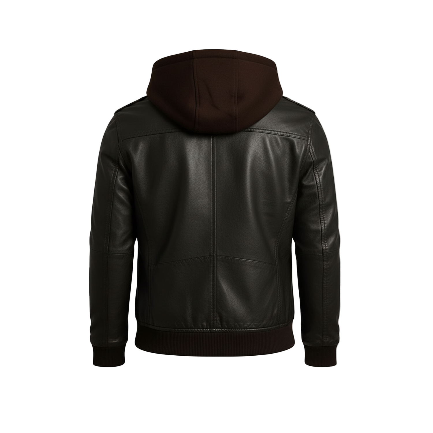 Black leather jacket with a hood on a white background