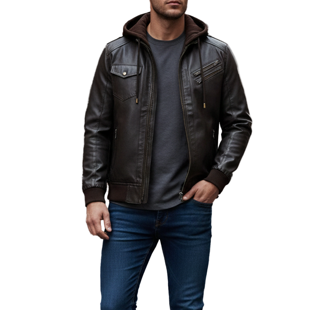 Man wearing a black leather jacket with a brand logo on a white background